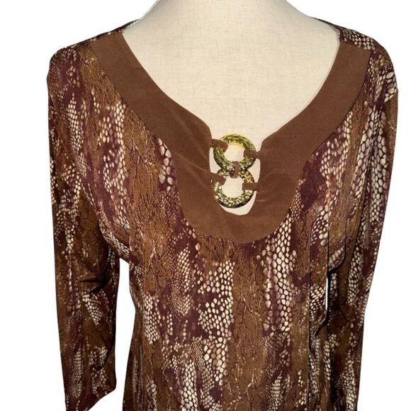 Vintage Brown Beige V Neck Animal Snake Print 3/4 quarter Sleeve Blouse size L - Picture 3 of 9
